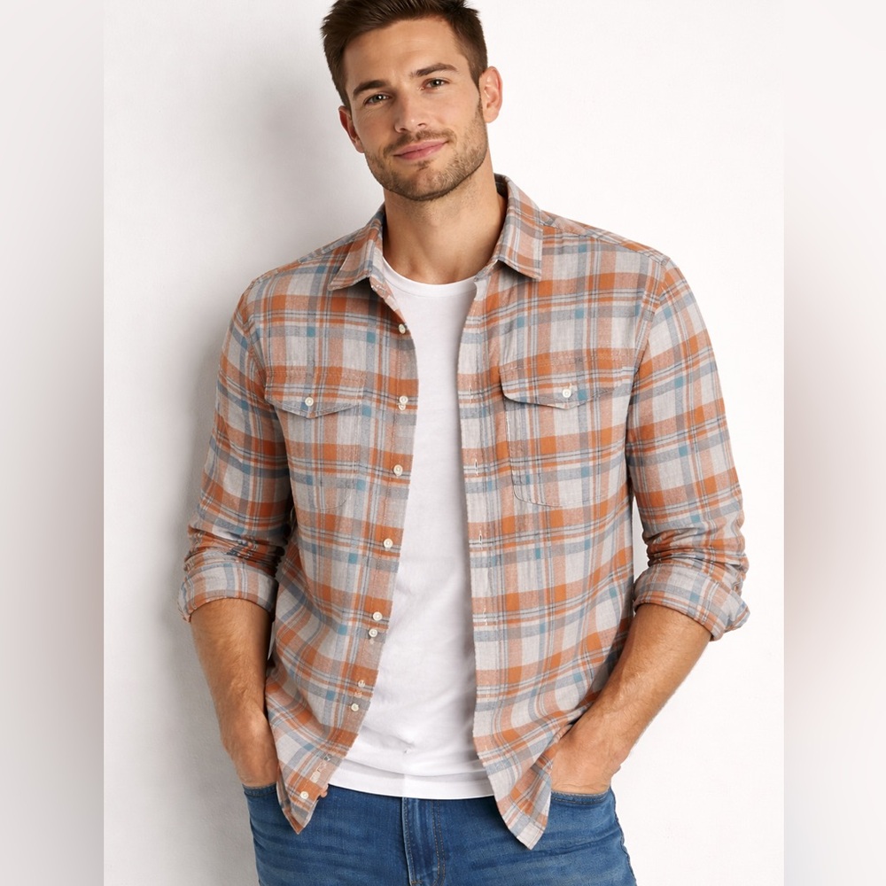 merican Eagle Super Soft Orange Teal White Plaid Button-Down Shirt M Flannel